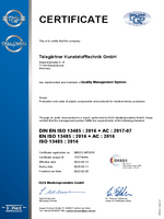 Certificate ISO 13485:2016 (Telegärtner Kunststofftechnik GmbH)