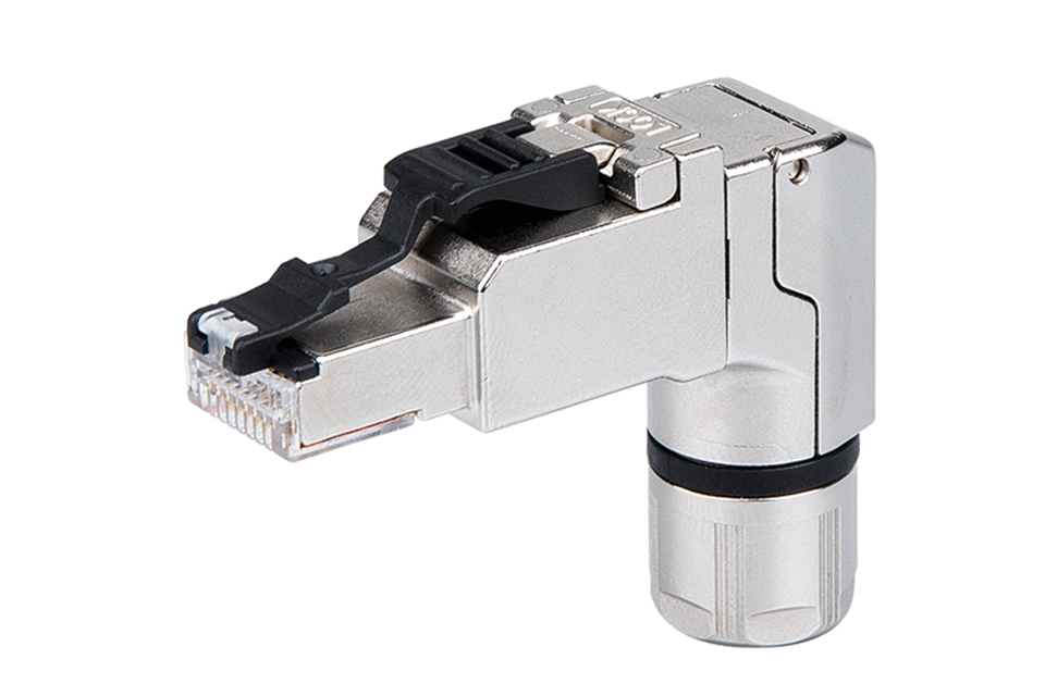 Field-installable RJ45 plugs with 90° cable exit for concealed installation